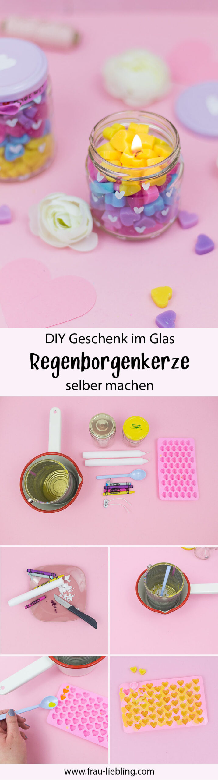 Frau Liebling - DIY Blog - Deko, Geschenke; Lettering, Regenbogen Kerze im Glas gießen